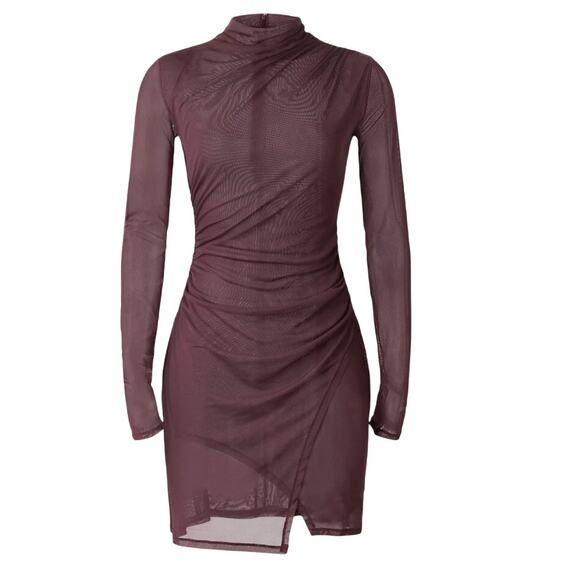 LAPOINTE Wine Red Mesh Bodycon Mini Dress XS Long Sleeve Slinky Cocktail $950 - Picture 5 of 11